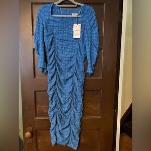 NWT ZARA Blue Ruched Bodycon Long Sleeve Dress